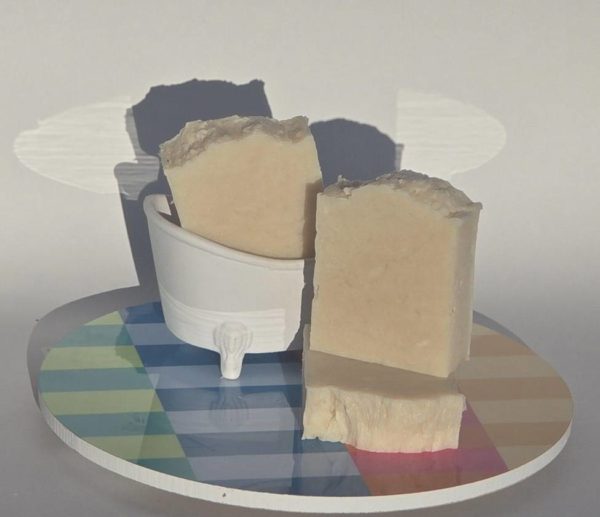 Two bars of coconut soap on a decorative plate