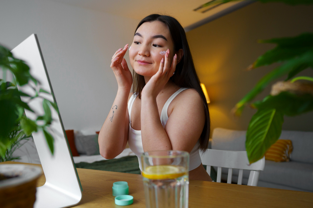 Morning skincare routine featuring Taino Beauty's Blue Youth Serum and artisanal soap.